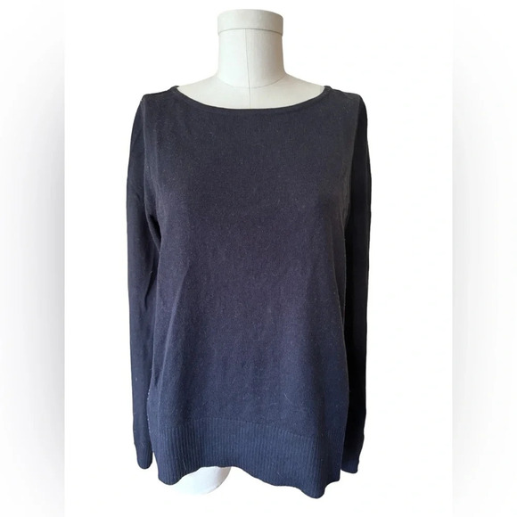 LOFT Mixed Media Pleated Chiffon Sweater, Navy blue plaid, size medium - Picture 2 of 10